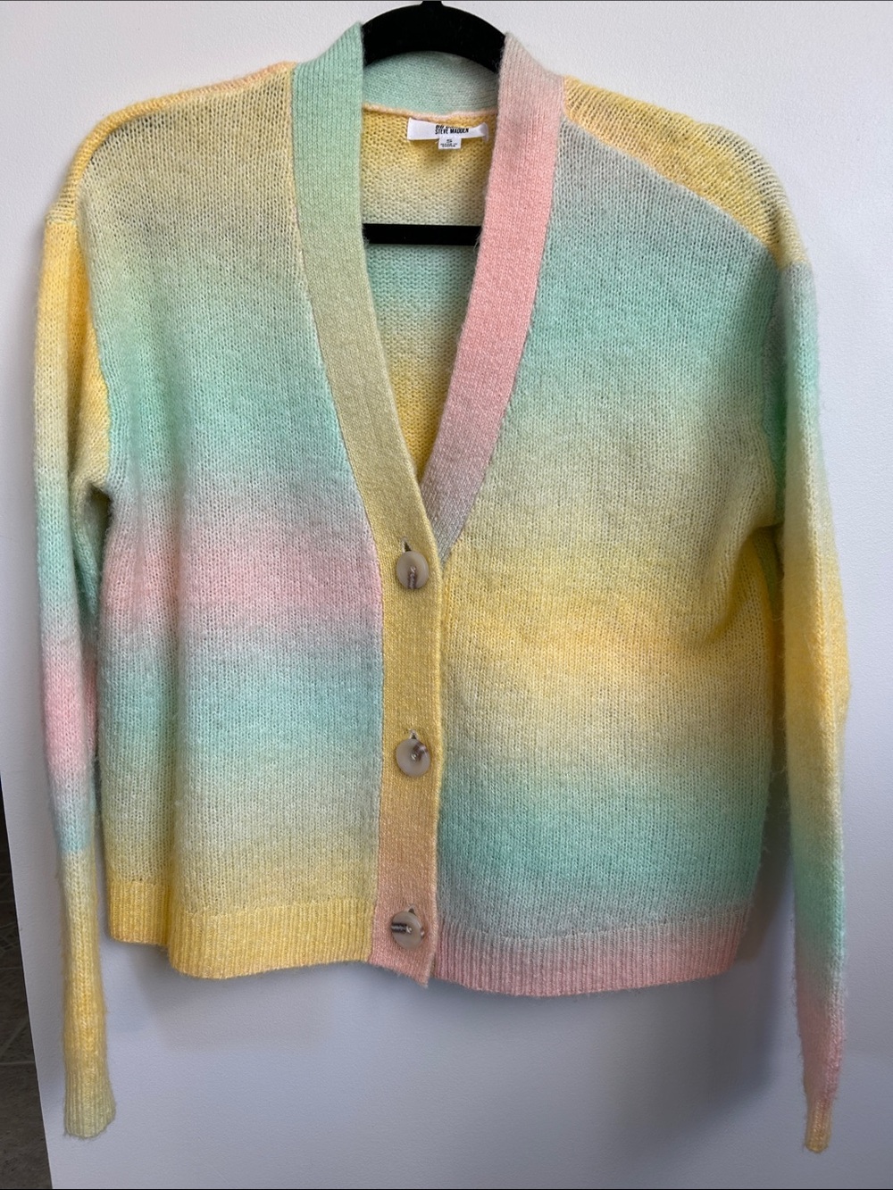 BB Dakota by Steve Madden Pastel Gradient V-Neck Cardigan - Yellow, Green, Pink